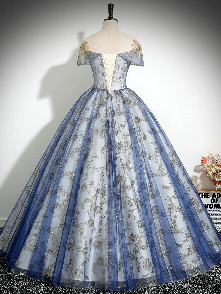 A-Line Round Neck Tulle Sequin Lace Blue Long Prom Dress, Blue Long Formal Dress