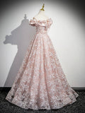 A-Line Off Shoulder Tulle Lace Pink Long Prom Dress, Pink Long Evening Dress