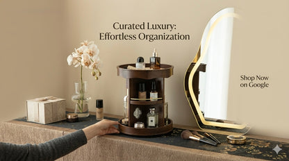 Vintage 360° Rotating Wooden Makeup Organizer – Elegant Vanity Storage with Carved Accents