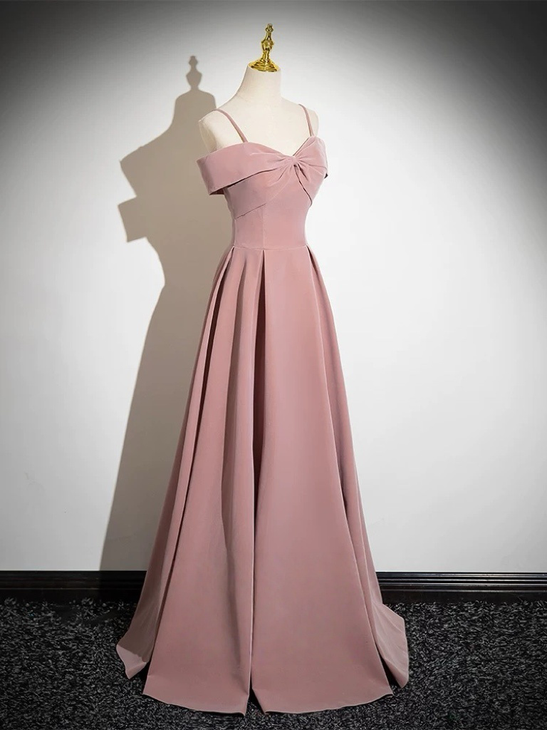 A-Line Velvet Pink Long Prom Dress, Pink Long Formal Dress