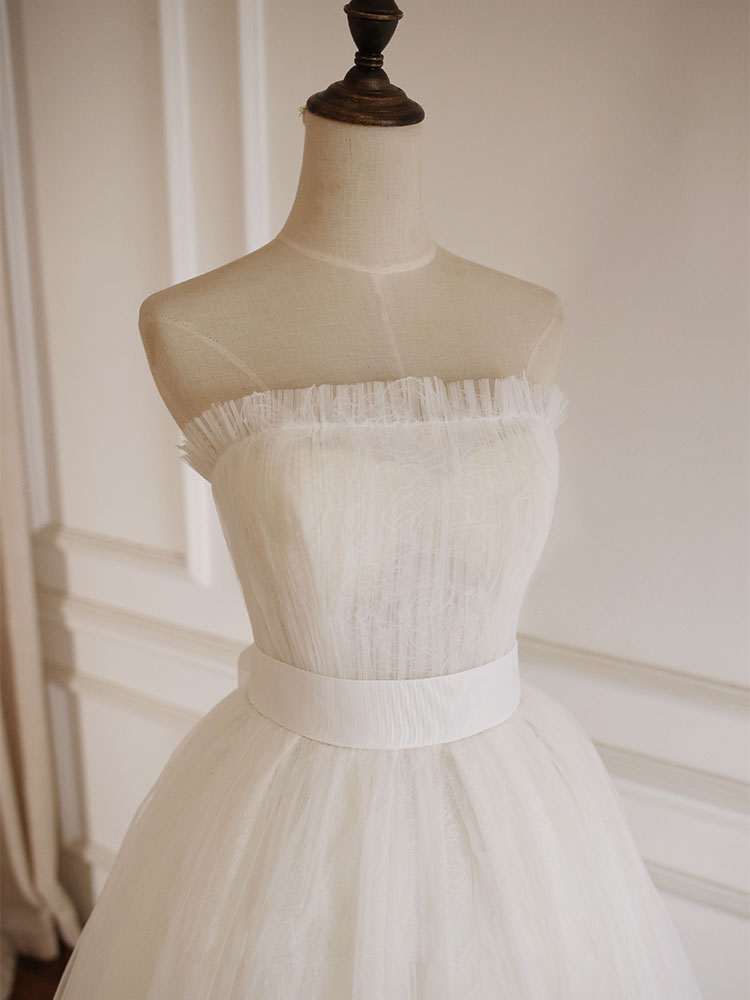 White A-Line Tulle Lace Long Prom Dress, White Formal Dress