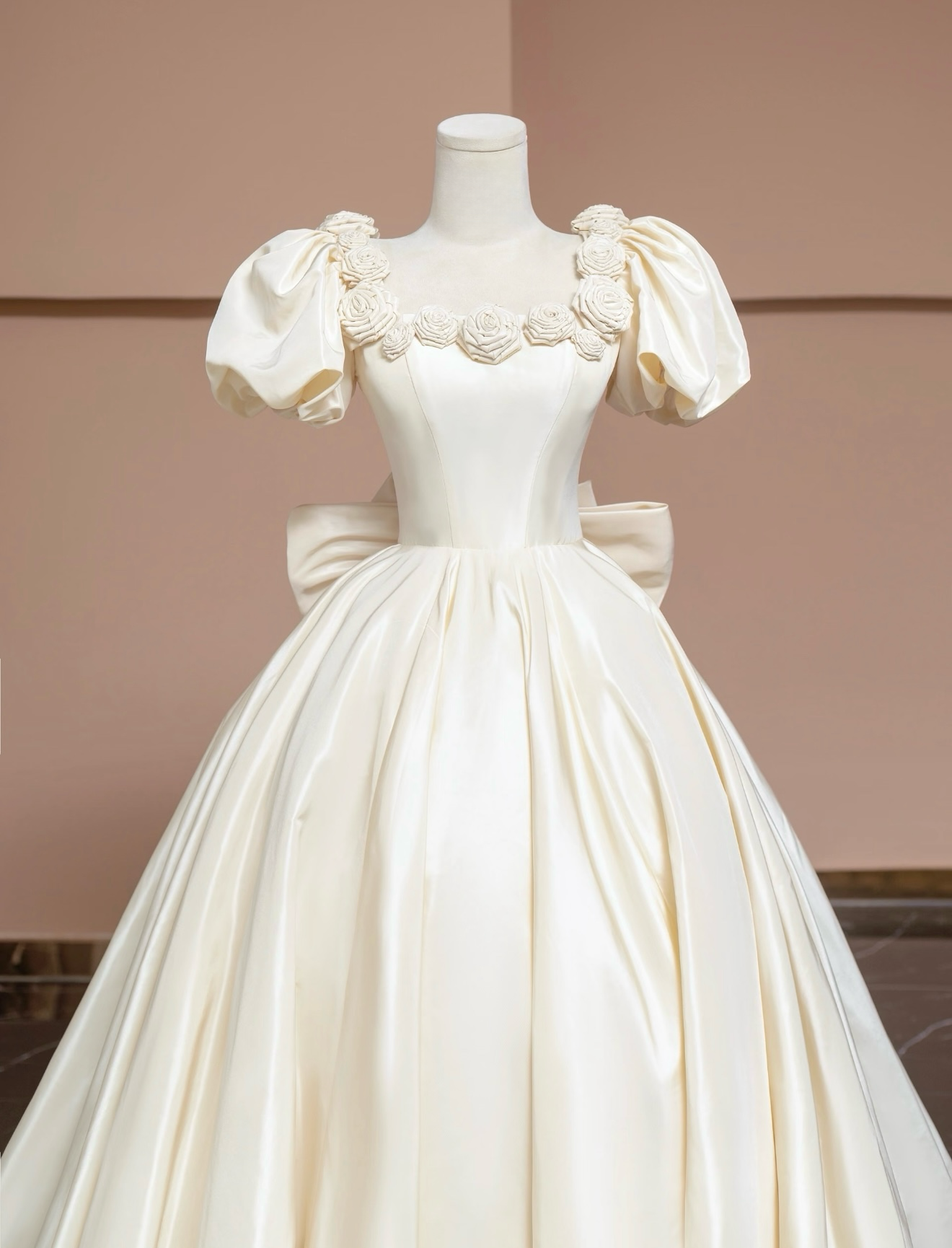 A-Line Puff Sleeves Satin Light Champagne Long Prom Dress, Light Champagne Evening Dress