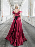 A-Line Off Shoulder Satin Burgundy Long Prom Dress