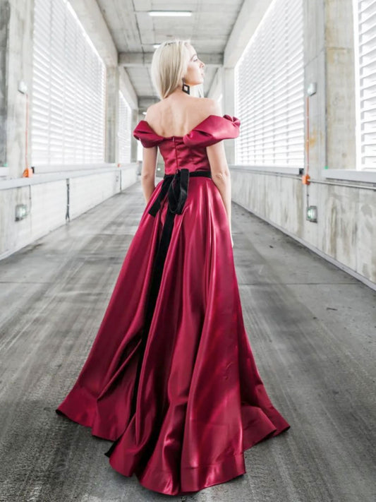 A-Line Off Shoulder Satin Burgundy Long Prom Dress