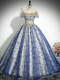 A-Line Round Neck Tulle Sequin Lace Blue Long Prom Dress, Blue Long Formal Dress