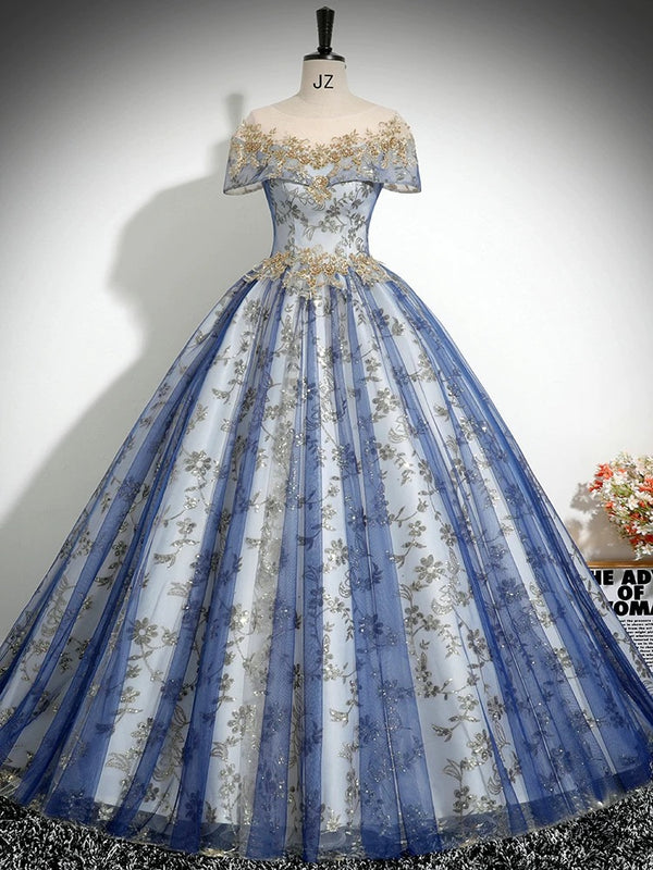 A-Line Round Neck Tulle Sequin Lace Blue Long Prom Dress, Blue Long Formal Dress