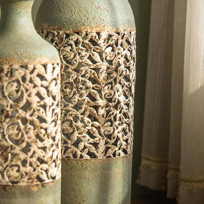 Antique-Inspired Tall Decorative Vases – Ornate Carved Metal Floor Vessels for Vintage French Country Home Decor