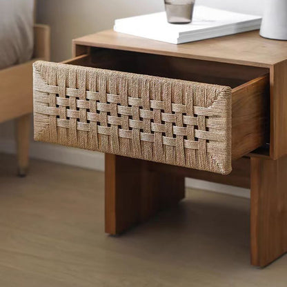 Handwoven Rope Front Wooden Nightstand – Mid-Century Natural Solid Wood Bedside Table