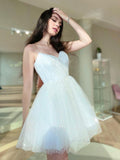A line Puffy White Short Prom Dresses, White Homecoming Dresses