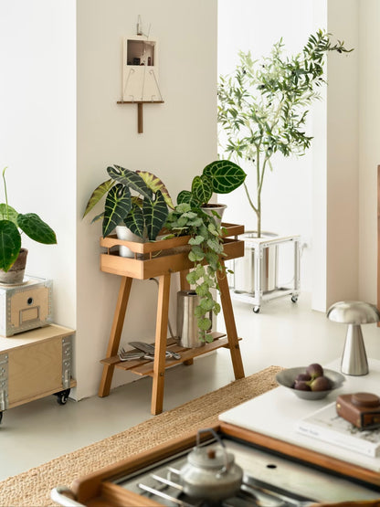 Mid-Century Modern 2-Tier Wooden Plant Stand – Tray Top Console & Display Shelf