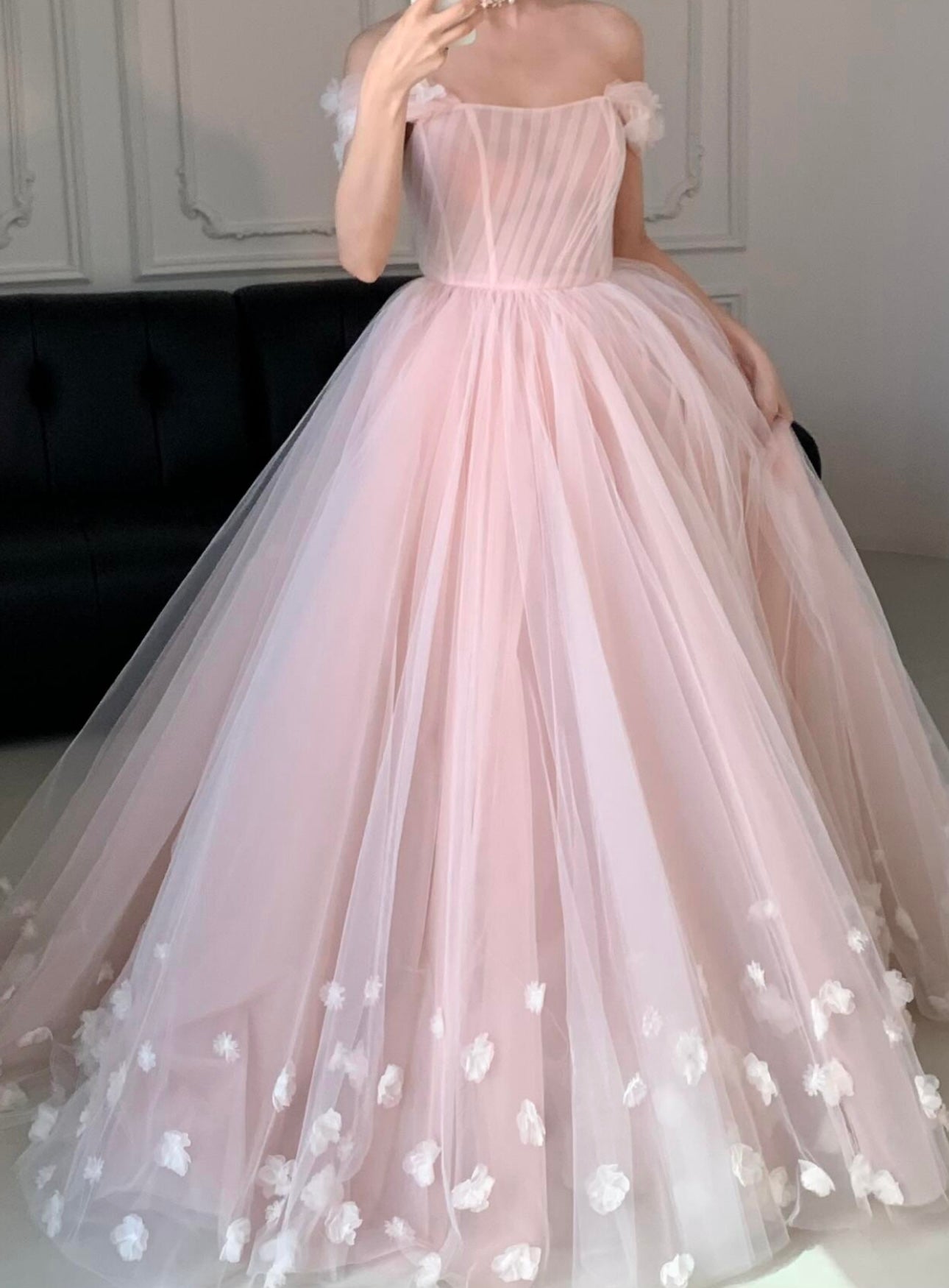 A-line Off Shoulder Tulle 3D Applique Pink Long Prom Dress, Pink Long Formal Dress