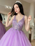 Purple v neck tulle lace long prom dress purple tulle formal dress