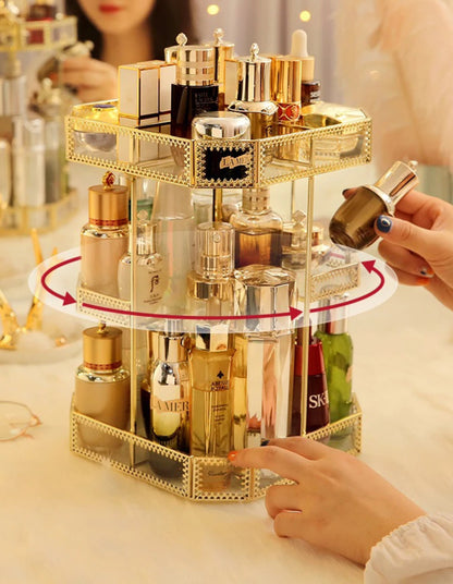 Gold Glass Rotation Makeup Perfume Tray Organizer