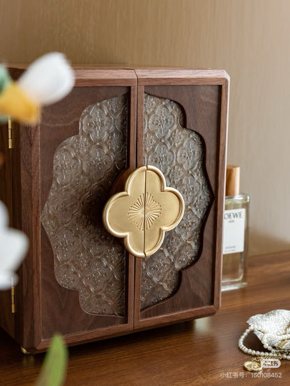 Handcrafted Walnut Jewelry Cabinet with Floral Lock