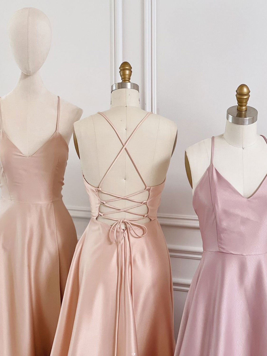Simple A line satin long prom dress, pink bridesmaid dress