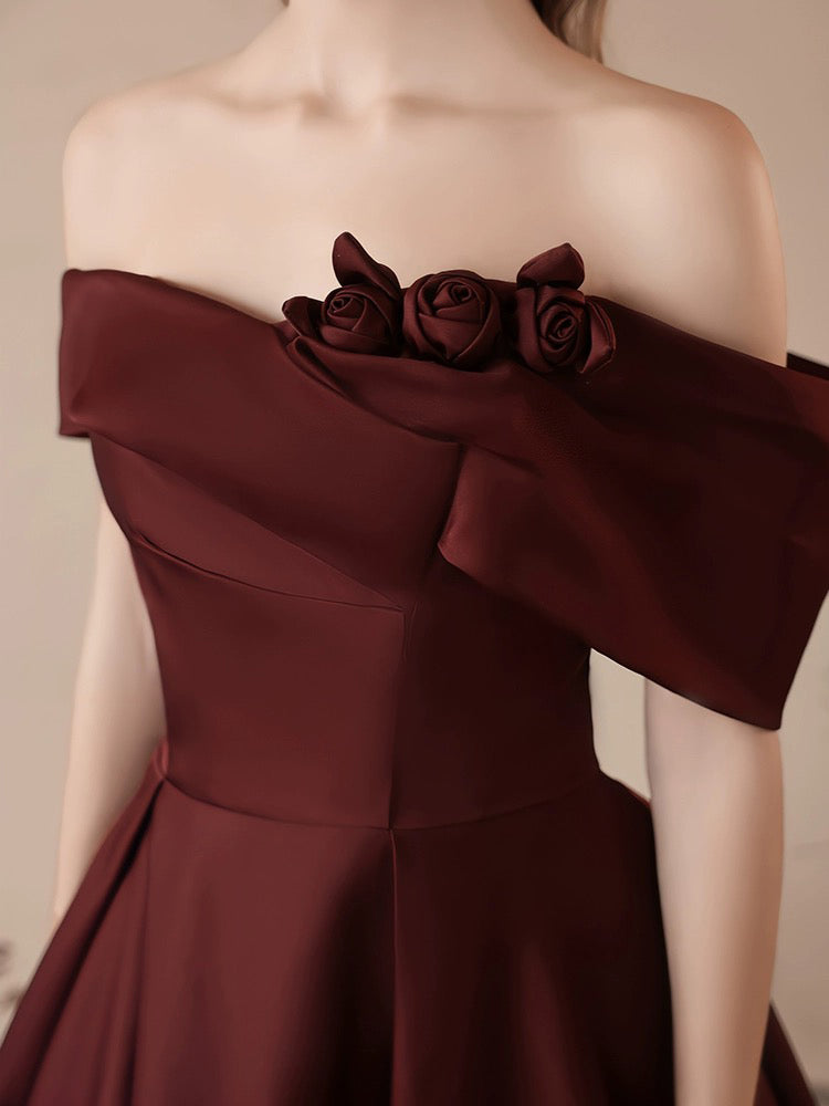A-Line Off Shoulder Satin Burgundy Long Prom Dress, Burgundy Long Formal Dress