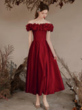 A-Line Off Shoulder Satin Tea Length Burgundy Prom Dress, Burgundy Formal Dress