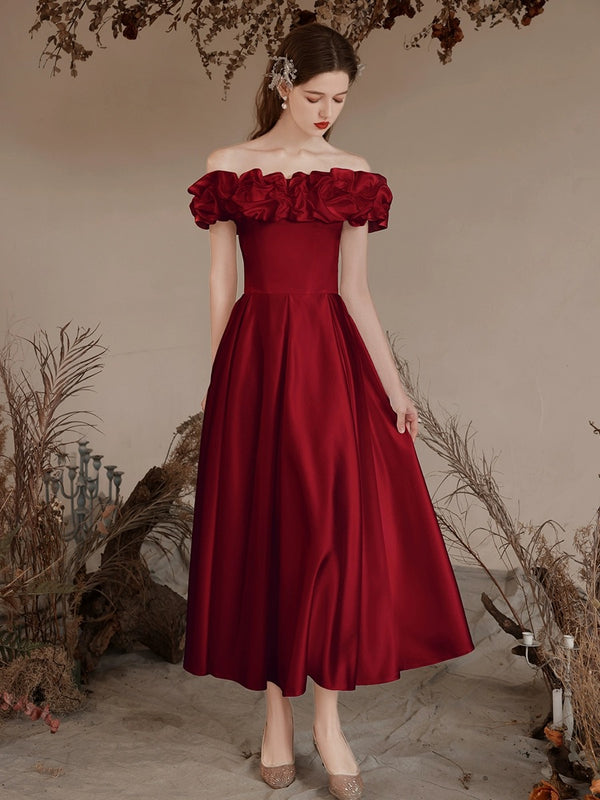 A-Line Off Shoulder Satin Tea Length Burgundy Prom Dress, Burgundy Formal Dress