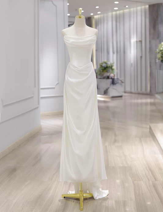 Simple A-line Satin Court Train White Long Prom Dresses, White Evening Dress