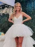 White v neck tulle high low prom dress white tulle formal dress