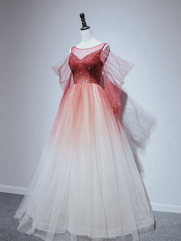 Burgundy round neck tulle beads long prom dress, burgundy evening dress