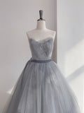 Gray tulle lace long prom dress, gray sweet 16 dress