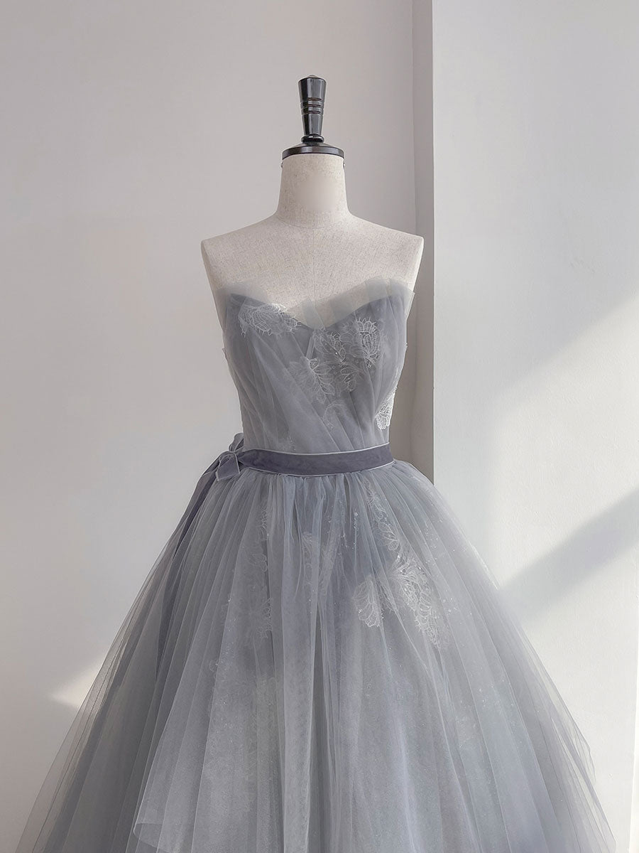 Gray tulle lace long prom dress, gray sweet 16 dress