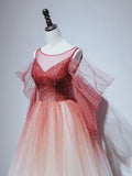 Burgundy round neck tulle beads long prom dress, burgundy evening dress