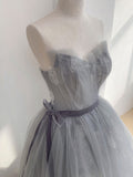 Gray tulle lace long prom dress, gray sweet 16 dress