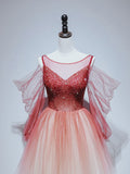 Burgundy round neck tulle beads long prom dress, burgundy evening dress
