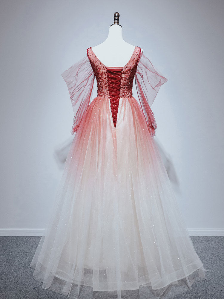 Burgundy round neck tulle beads long prom dress, burgundy evening dress