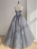 Gray tulle lace long prom dress, gray sweet 16 dress