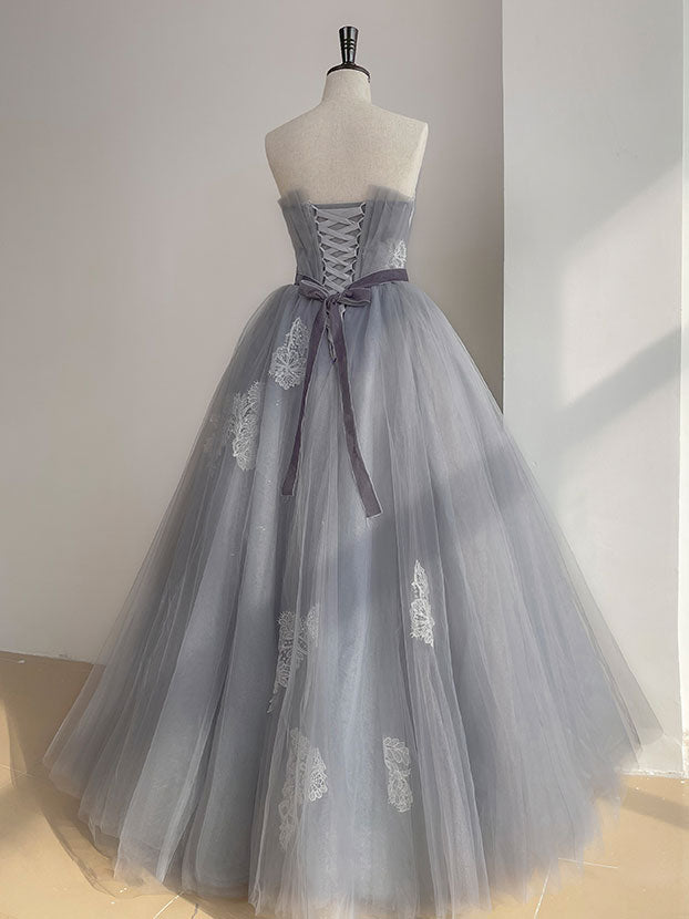 Gray tulle lace long prom dress, gray sweet 16 dress