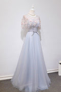 Gray tulle lace long prom dress, gray lace evening dress