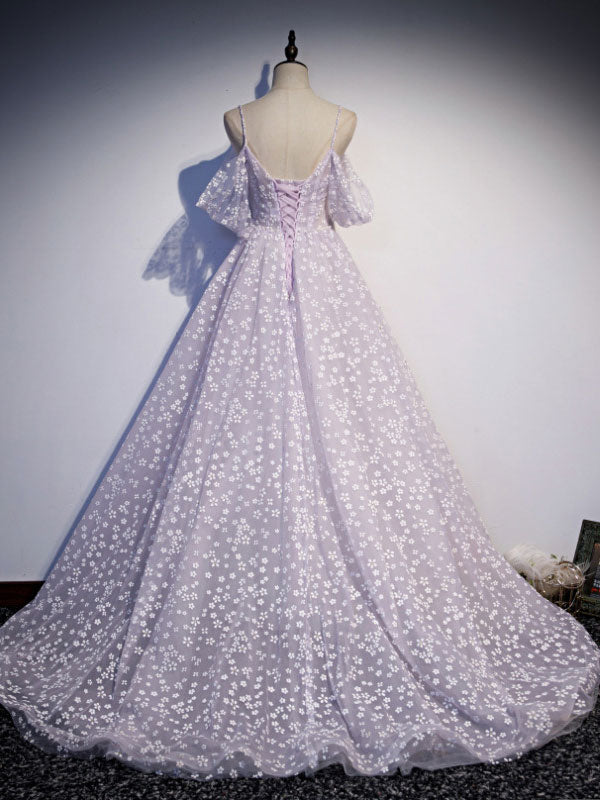 Purple tulle A line long prom dress, purple tulle formal dress