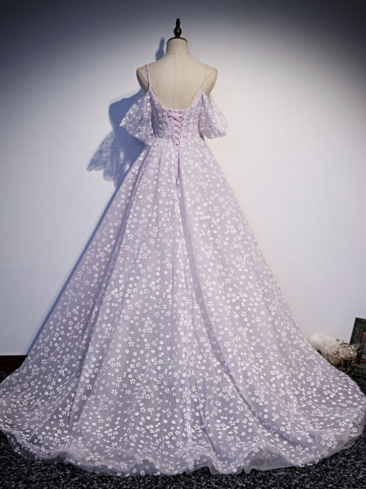 Purple tulle A line long prom dress, purple tulle formal dress