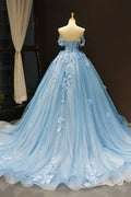 Blue off shoulder tulle lace long prom dress, blue evening dress