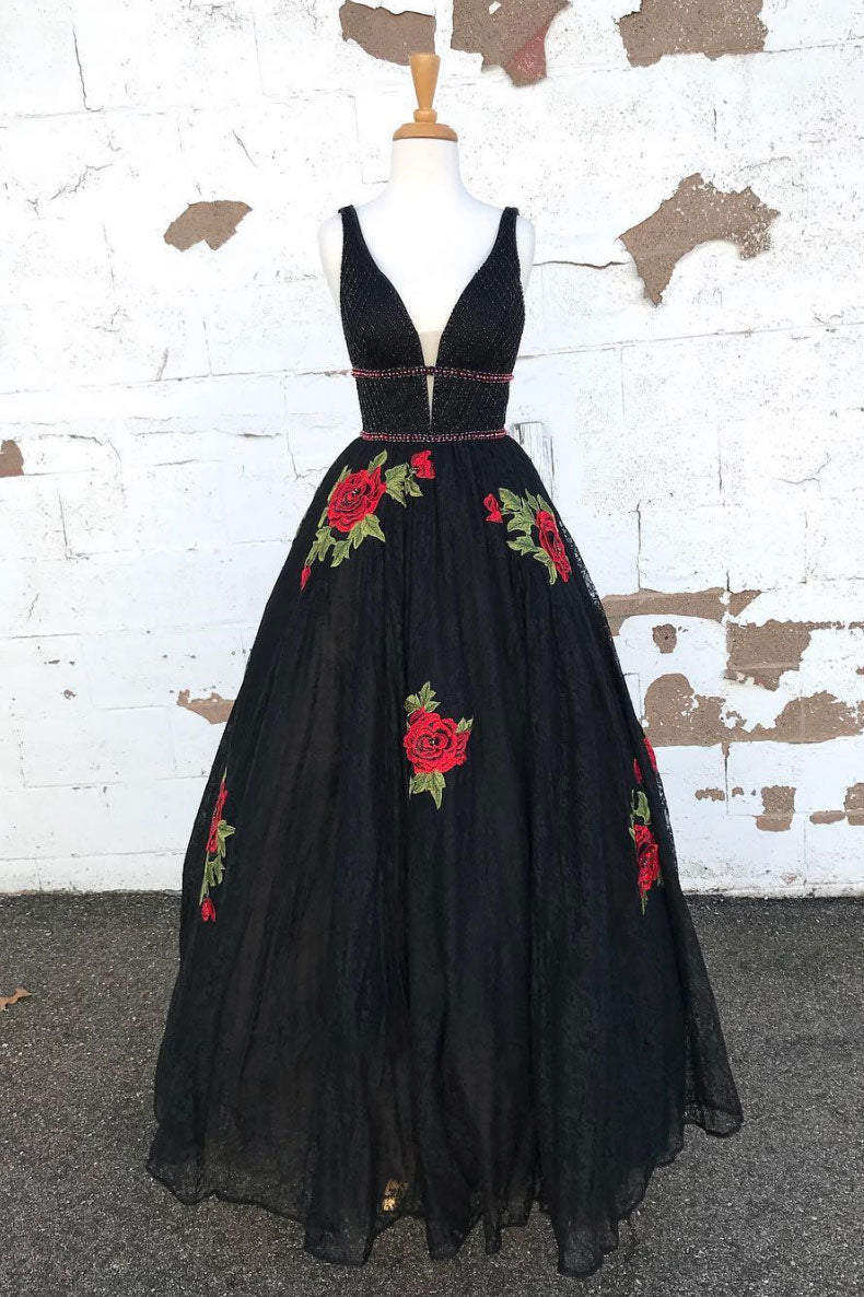 Black v neck tulle long prom dress, black evening dress