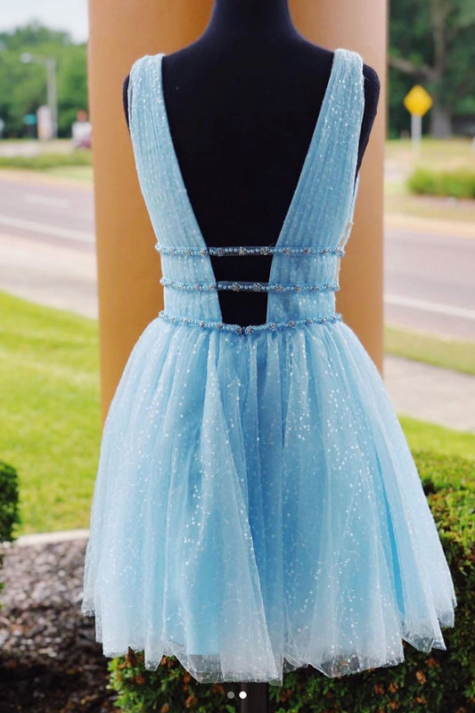 Blue v neck tulle short prom dress, blue tulle homecoming dress