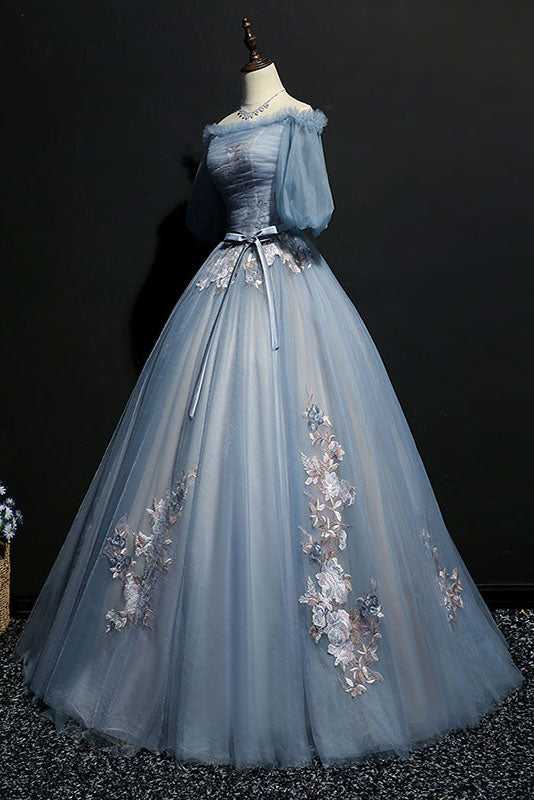Unique gray blue tulle lace applique long prom dress, gray blue evening dress