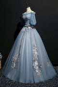Unique gray blue tulle lace applique long prom dress, gray blue evening dress