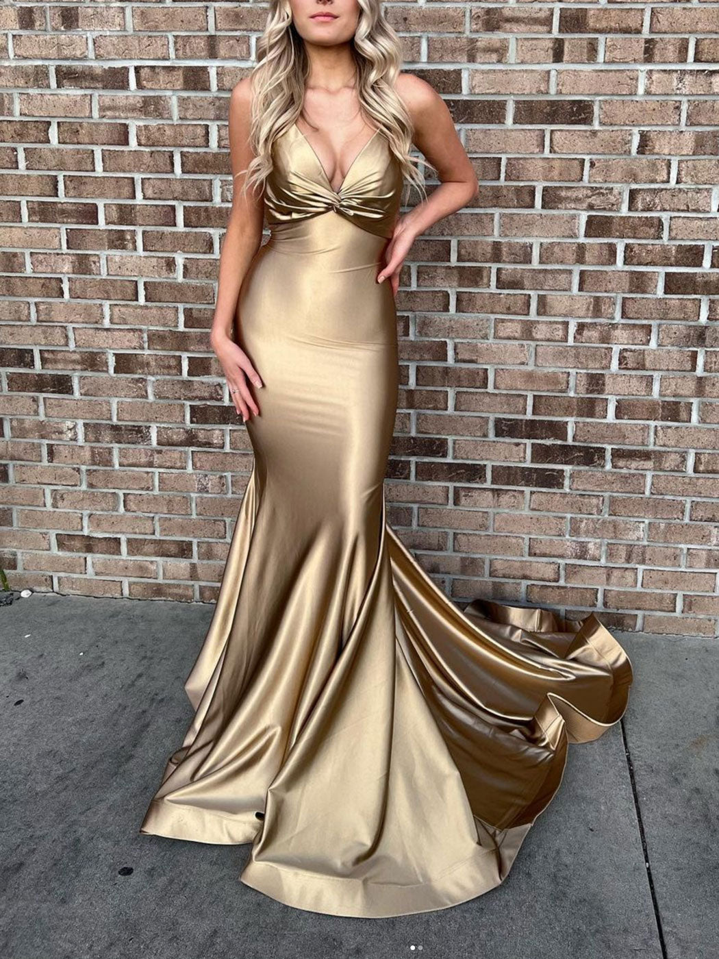 Simple gold satin mermaid long prom dress, gold evening dress