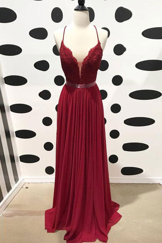 Burgundy v neck lace chiffon long prom dress, burgundy bridesmaid dress