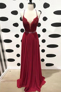 Burgundy v neck lace chiffon long prom dress, burgundy bridesmaid dress