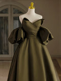 A-Line Puff Sleeves Olive Green Satin Long Prom Dress, Olive Green Long Evening Dress
