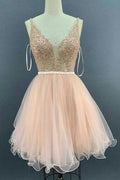 Pink v neck tulle sequin short prom dress, pink tulle homecoming dress
