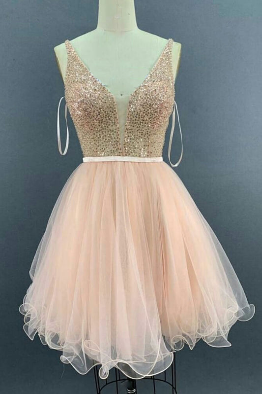 Pink v neck tulle sequin short prom dress, pink tulle homecoming dress