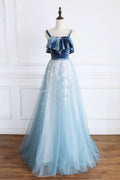 Blue tulle lace long prom dress, blue lace formal dress