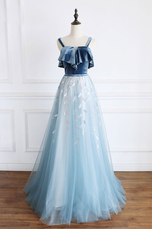 Blue tulle lace long prom dress, blue lace formal dress