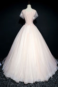 Pink round neck tulle lace long prom dress, pink tulle formal dress